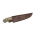 Damascus steel knife in brown leather sheath with gold stitching