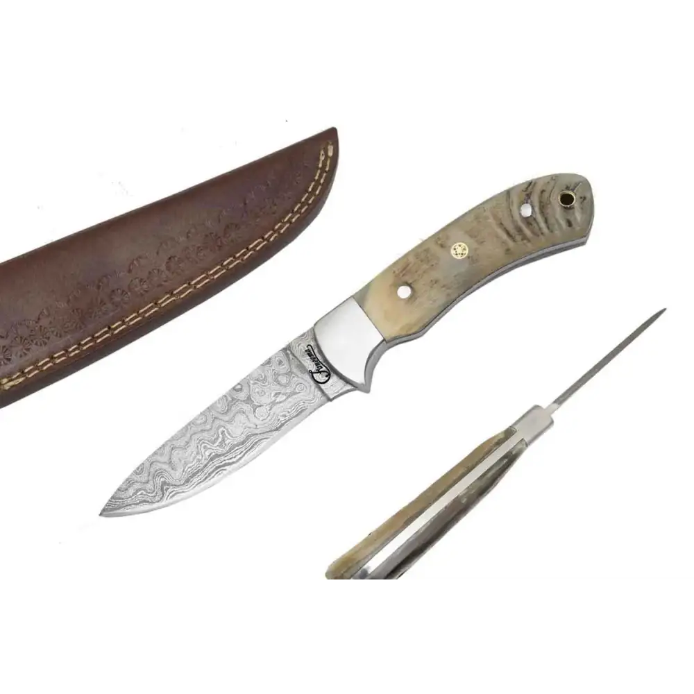 Damascus steel knife with olive green textured handle and gold rivets