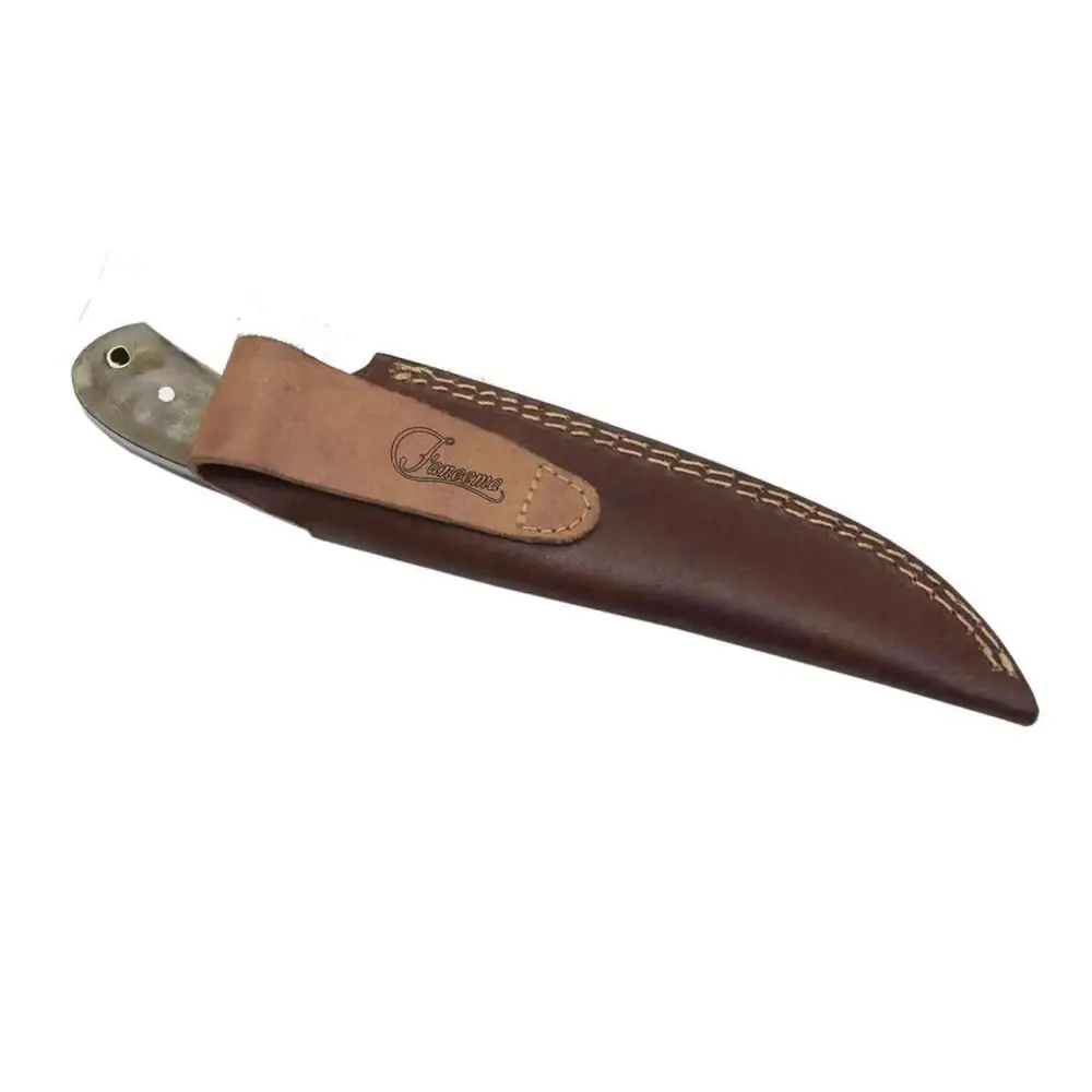 Damascus steel knife in brown leather sheath with Frogg Toggs logo