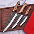Damascus wood handle 3-pcs knife set with hammered steel blades