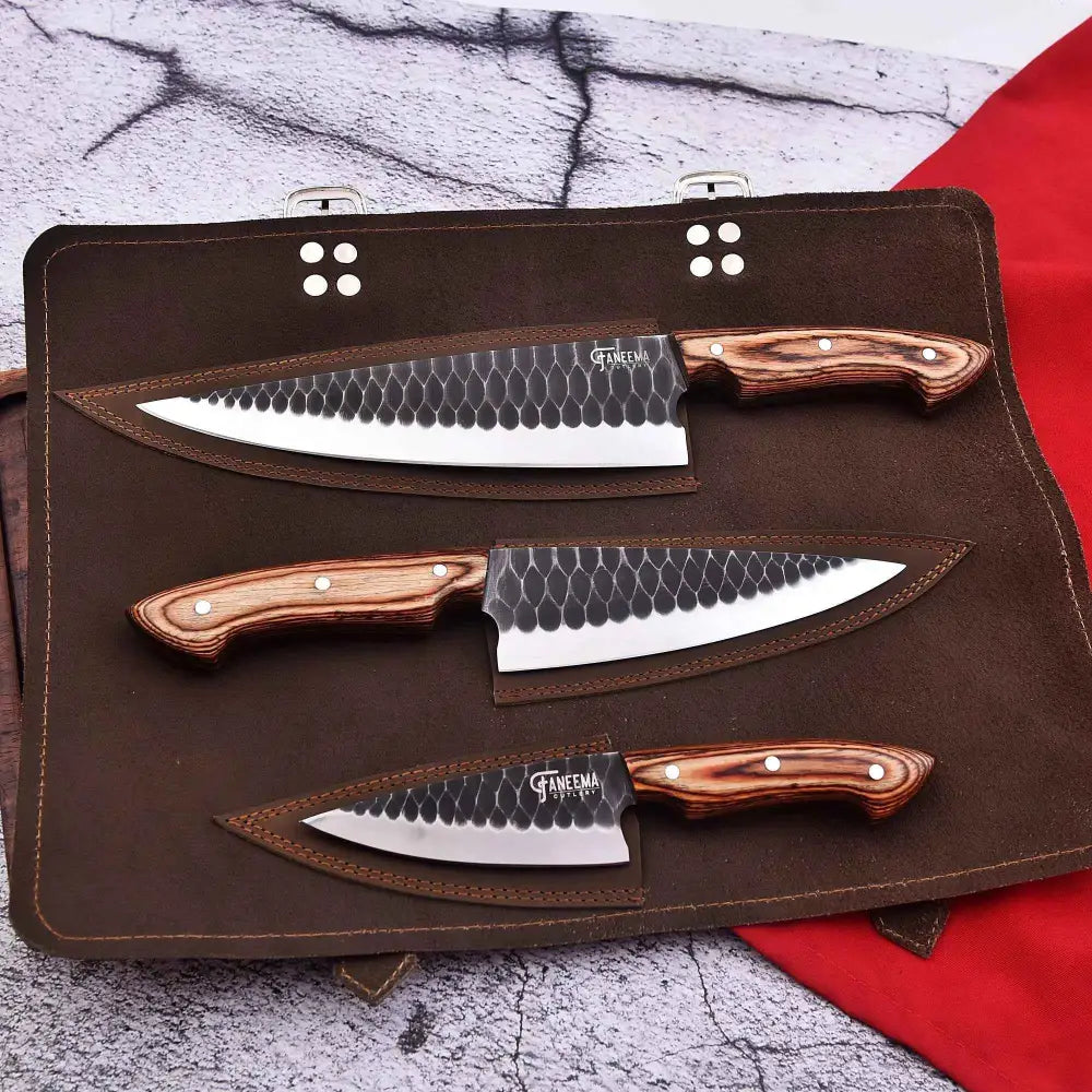 Damascus wood handle 3-pcs knife set with hammered blades