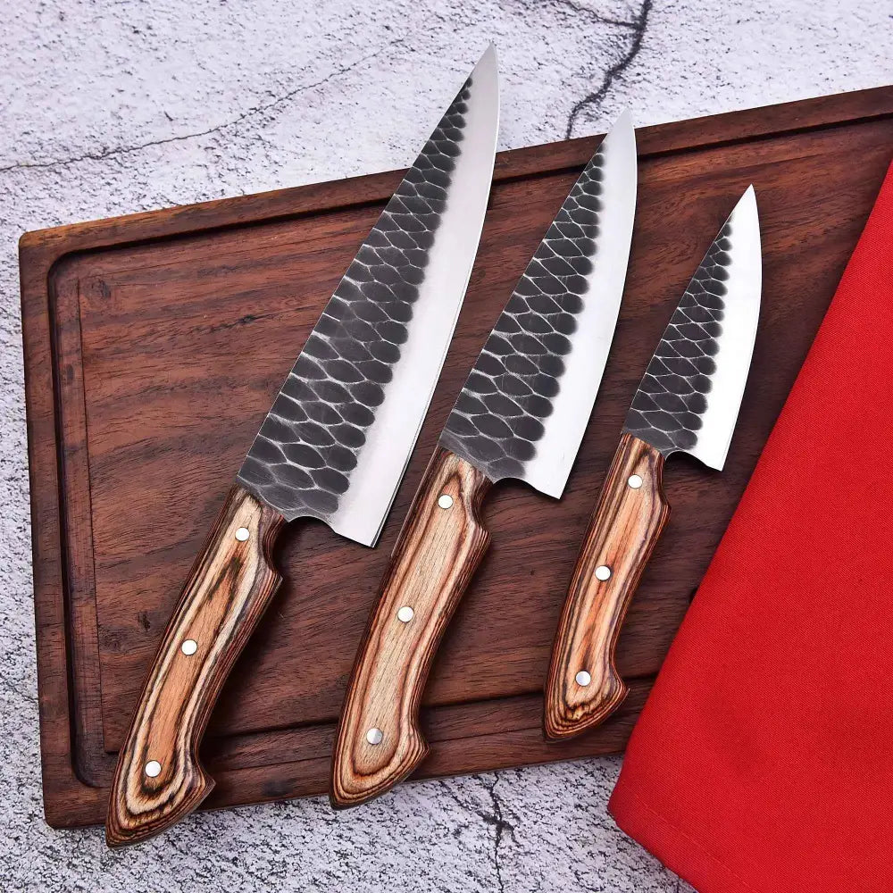 Damascus wood handle 3-pcs knife set with hammered blades