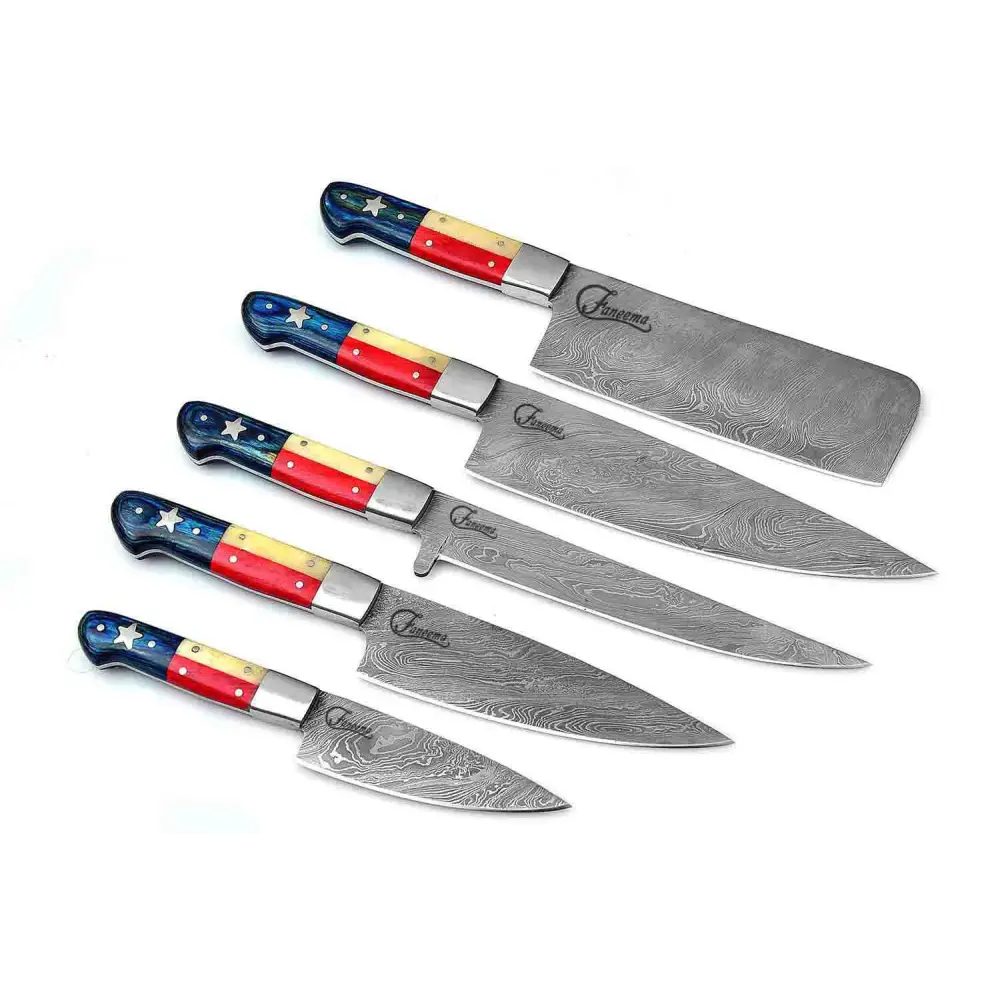 Texas flag damascus steel kitchen knives with resin handles