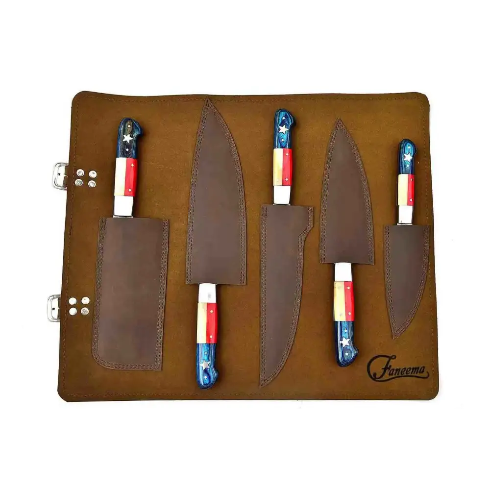 Texas flag Damascus steel kitchen knives in leather roll