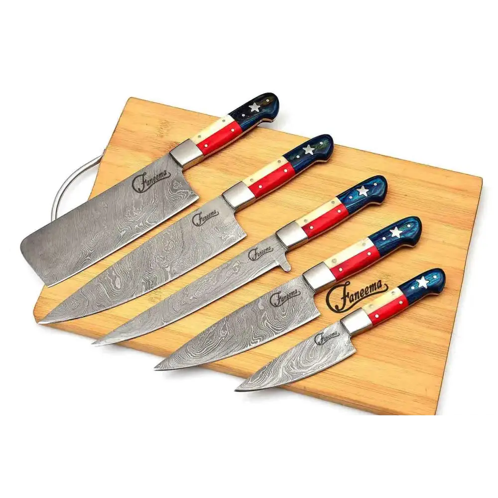 Set of five Damascus steel kitchen knives with Texas flag handles