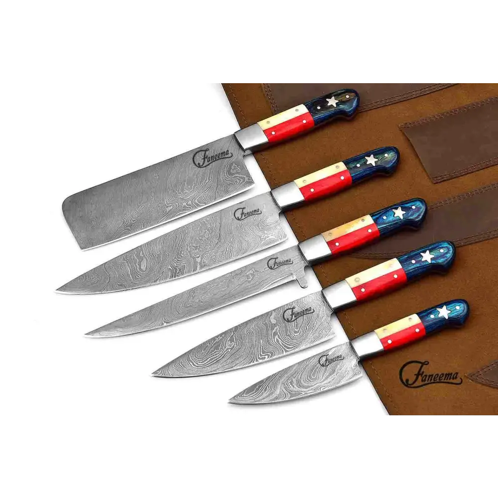 Fanceema Damascus Steel Kitchen Knives with Texas Flag Handles