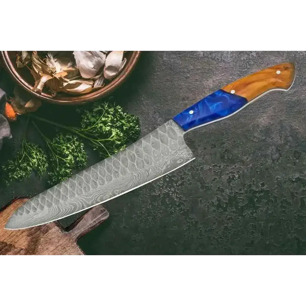 Faneema Damascus Chef Knife with wave-patterned blade and blue resin wood handle