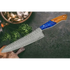 Faneema Damascus Chef Knife with wave-patterned blade and blue resin wood handle