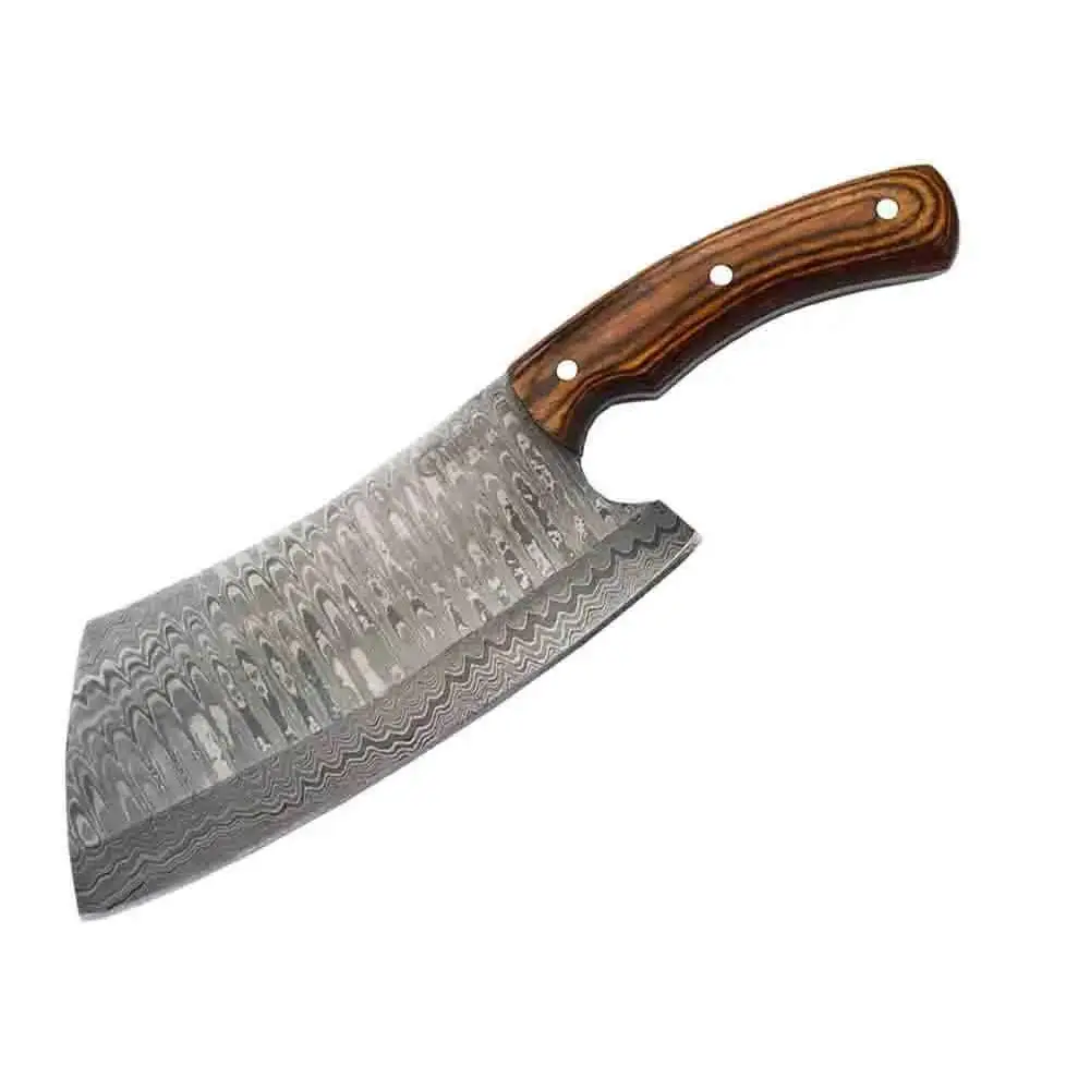 Faneema Damascus cleaver with wavy patterned blade and wooden handle