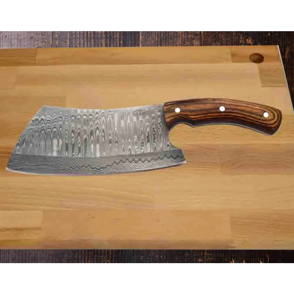 Faneema Damascus cleaver with wavy patterned blade and wooden handle