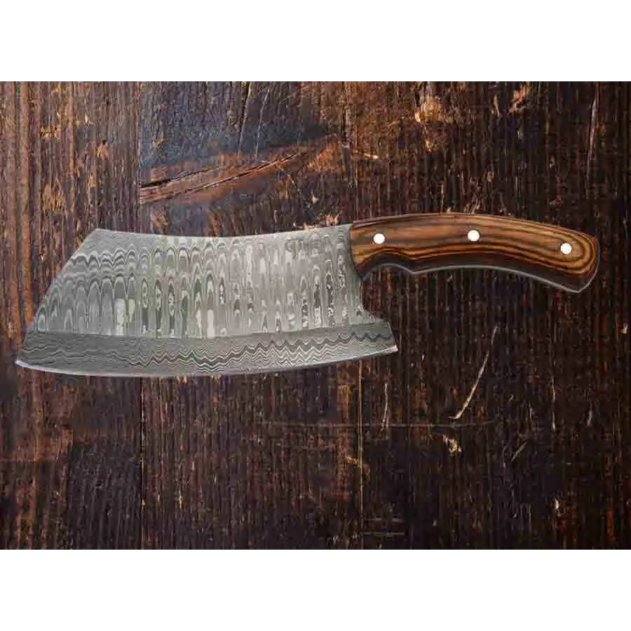 Faneema Damascus cleaver with wavy pattern and wooden handle