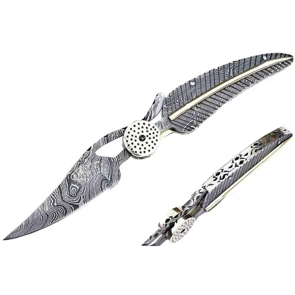 Faneema Damascus pocket knife with silver folding design and etched feather handle