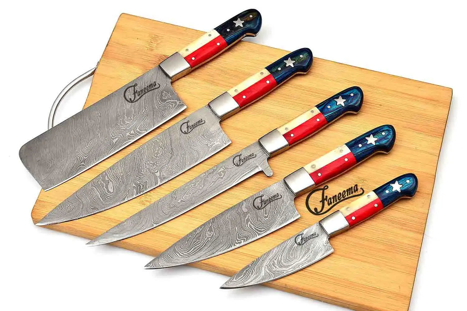 Faneema Cutlery premium kitchen knives set with patriotic red white and blue handles on wooden board