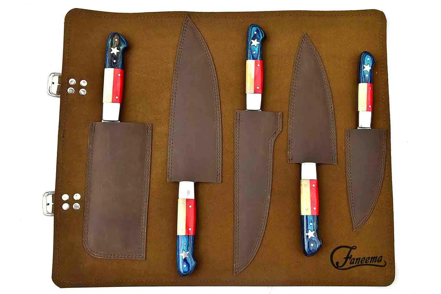 Faneema Cutlery premium kitchen knives set with patriotic star-spangled handles and brown leather sheaths