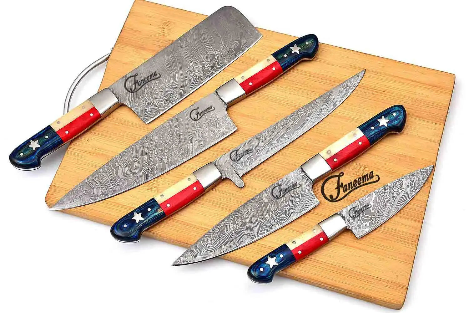Faneema Cutlery premium kitchen knives set with star-spangled handles on wooden cutting board