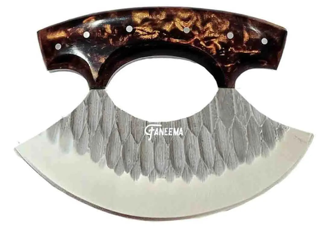 Faneema Cutlery traditional ulu knife for cooking with engraved blade and dark wood handle