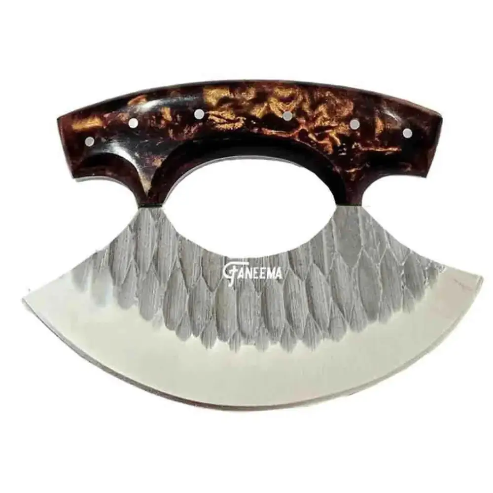 Faneema traditional ulu knife with curved hammered steel blade
