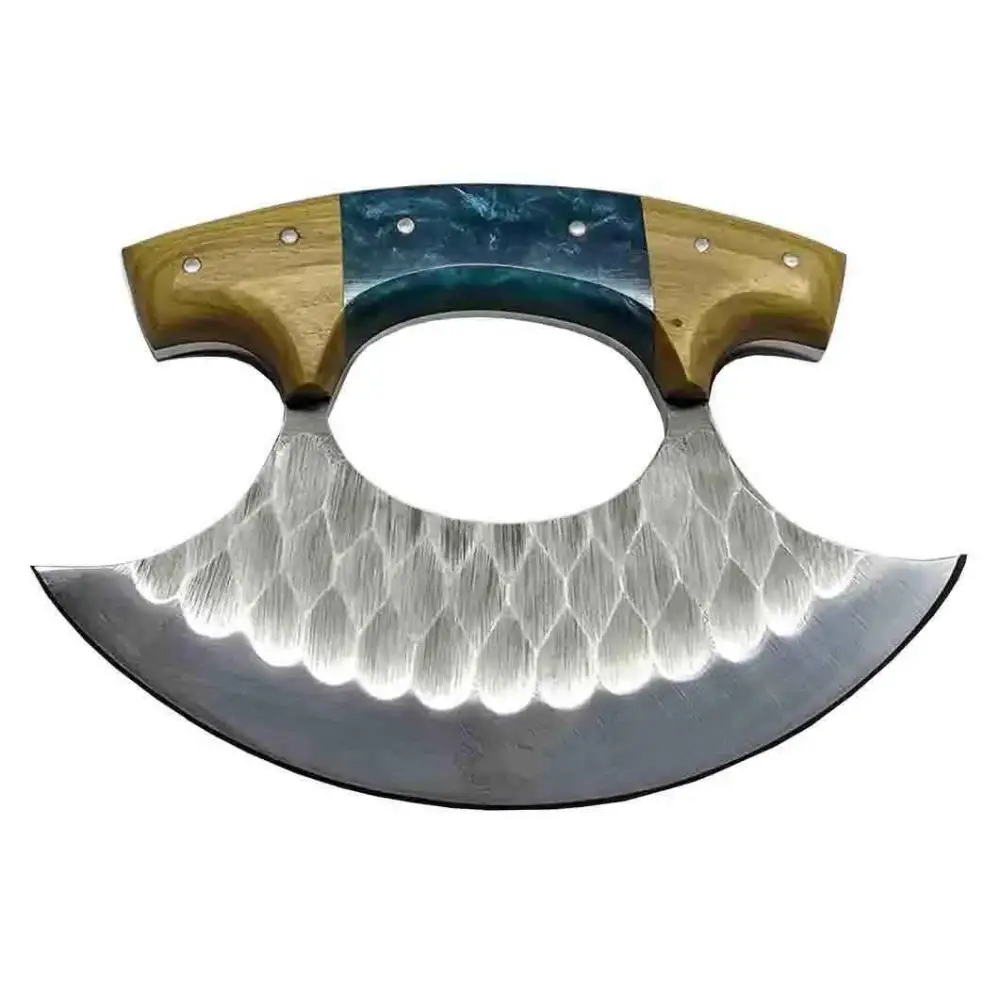 Faneema ulu knife with curved silver blade and blue resin handle