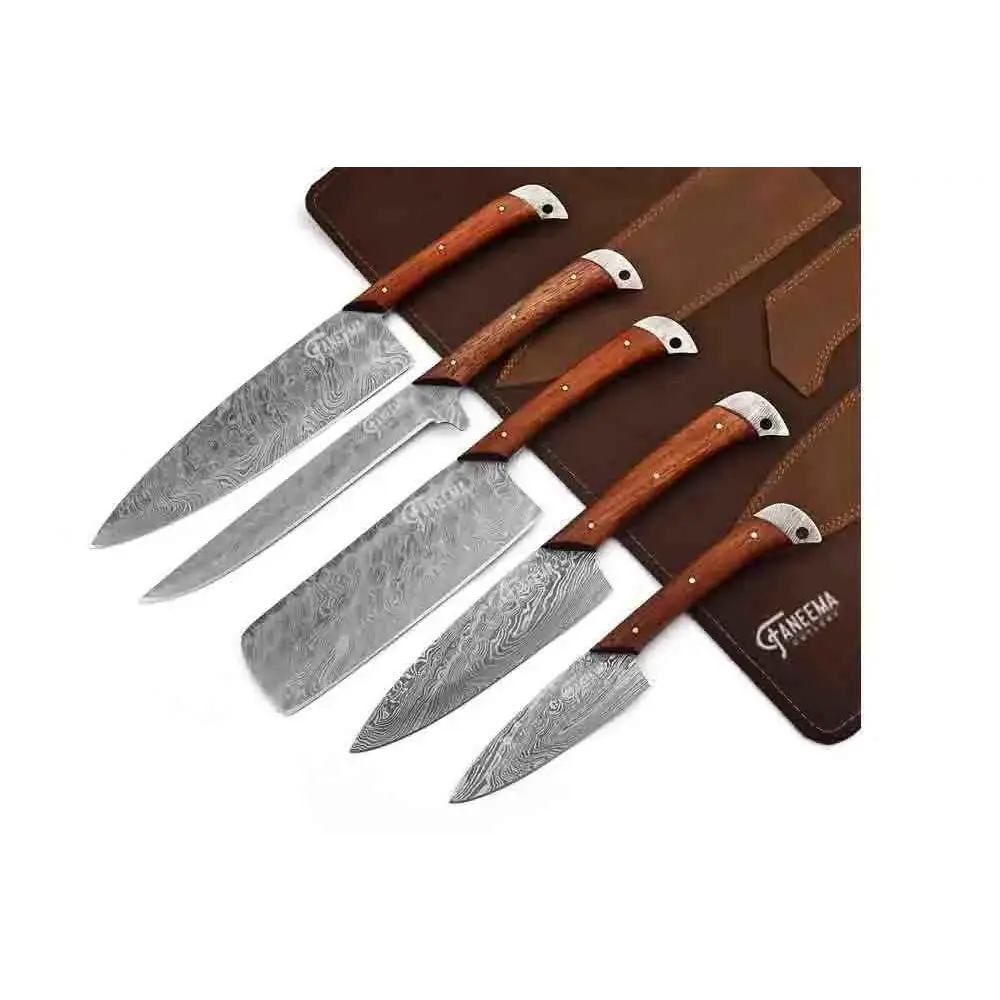 Five-piece Damascus knife set with wooden handles in leather sheath