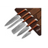 Five-piece Damascus knife set with wooden handles in leather sheath