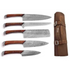 Five-piece Damascus knife set with wooden handles and leather sheath