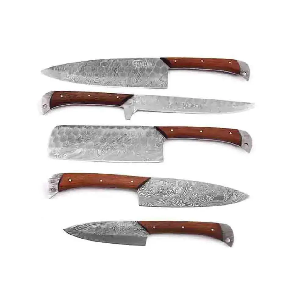 Five-piece Damascus knife set with rich brown wooden handles