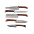 Five-piece Damascus knife set with rich brown wooden handles