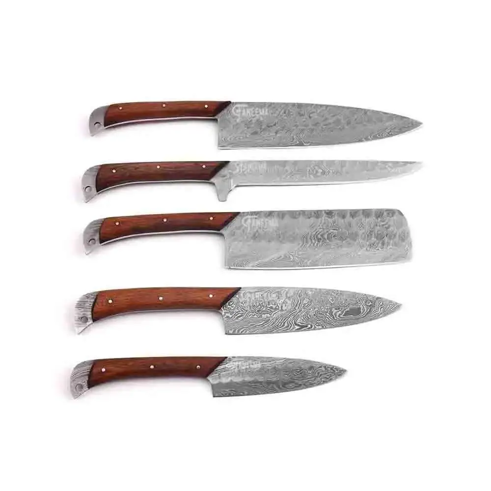 Five-piece Damascus knife set with wooden handles and wavy blades