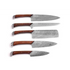 Five-piece Damascus knife set with wooden handles and wavy blades