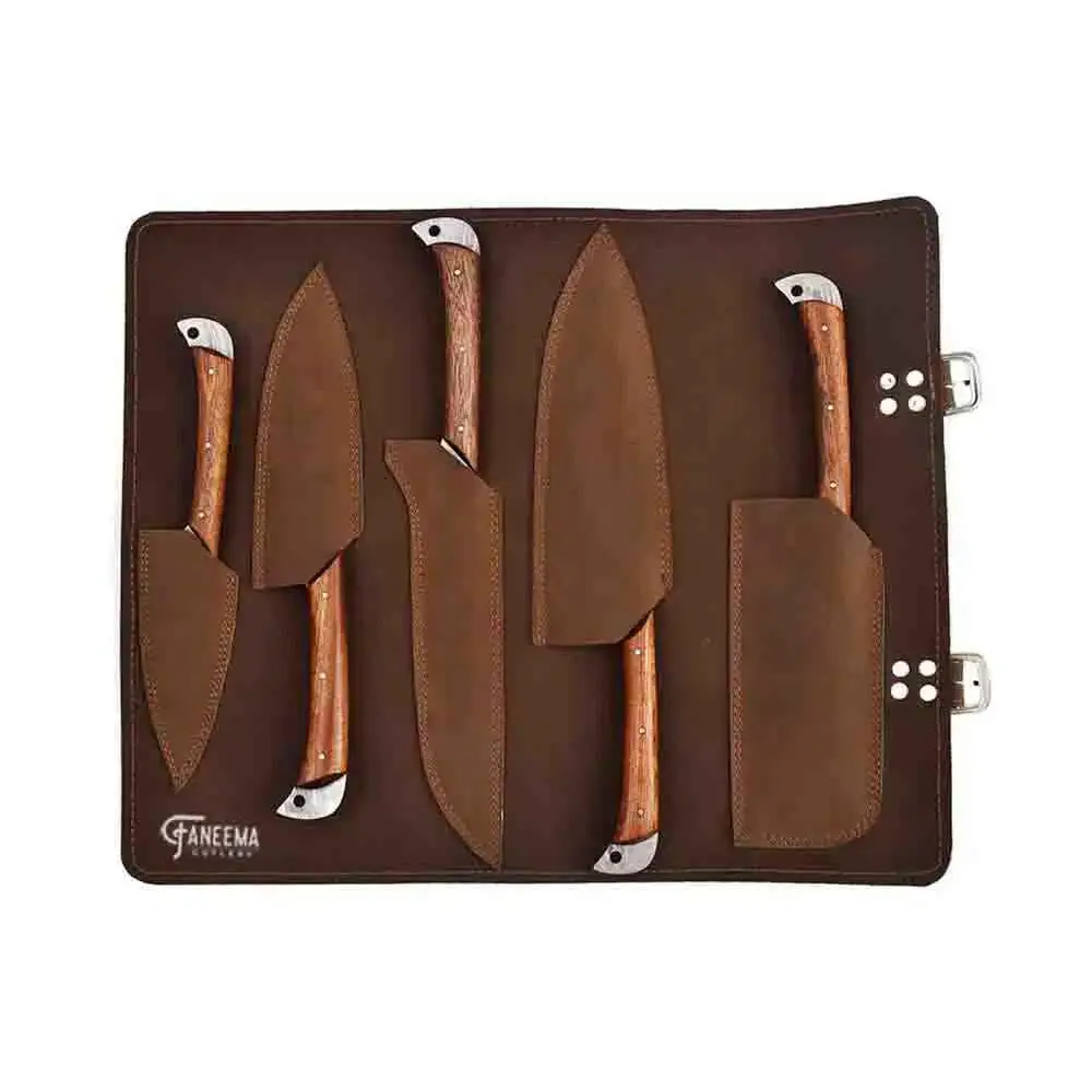 Five-piece Damascus knife set in brown leather roll with wooden handles