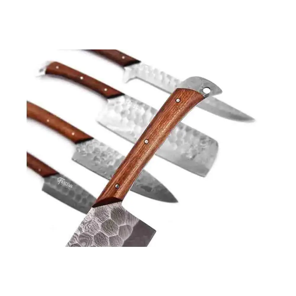 Five-piece Damascus knife set with wooden handles and hammered blades