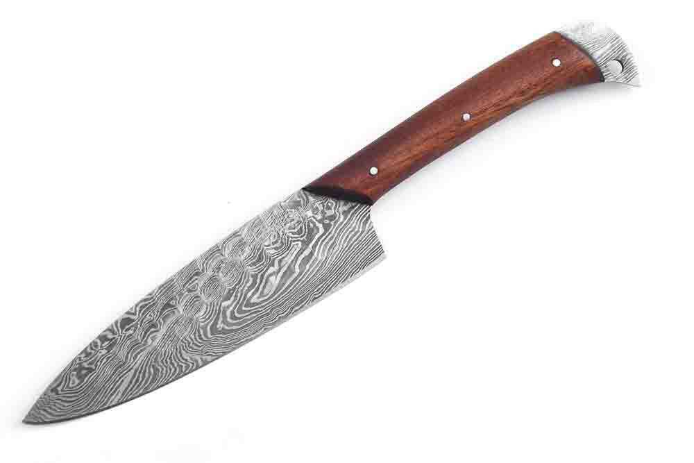 Faneema Cutlery handcrafted Damascus kitchen knife with patterned blade and wooden handle