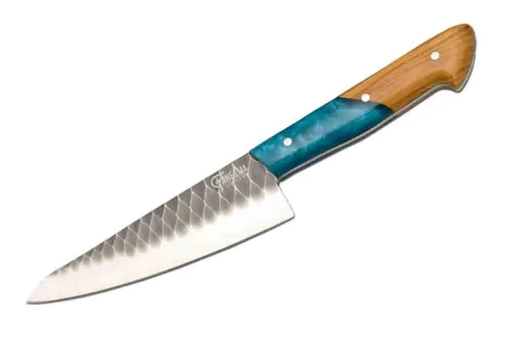 Faneema Cutlery handcrafted kitchen knife turquoise handle with hammered stainless steel blade