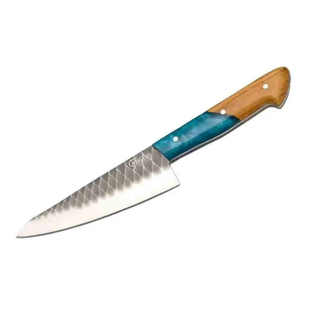 Handcrafted turquoise handle chef knife with hammered steel blade