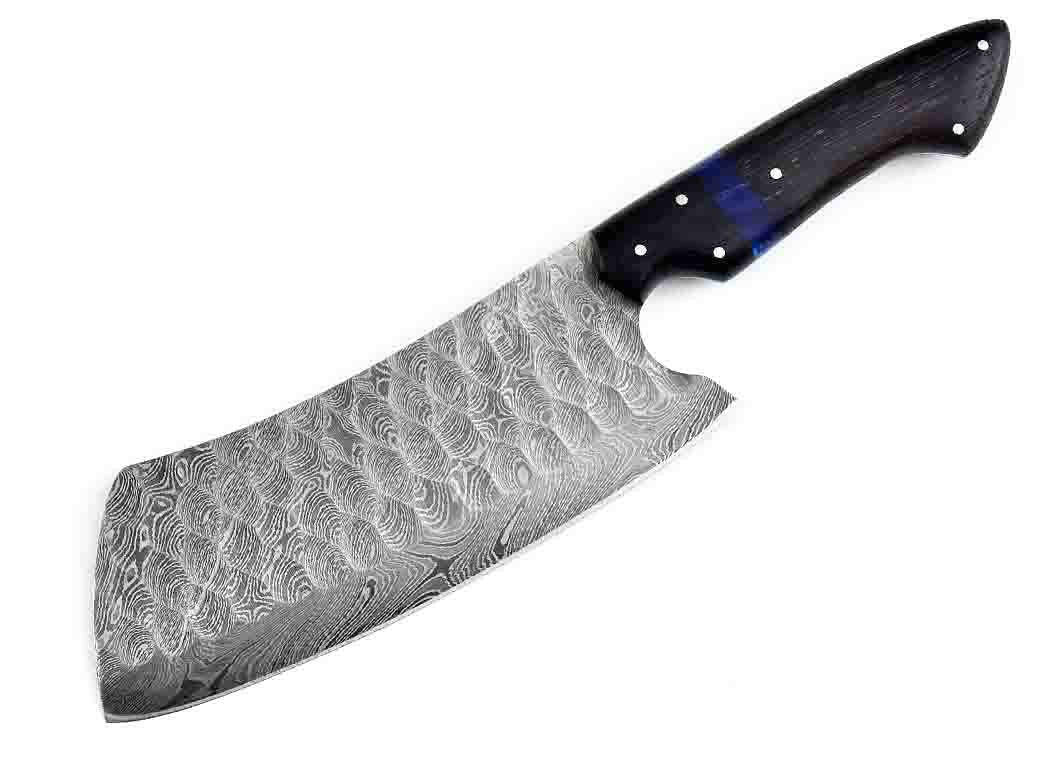Faneema Cutlery handmade Damascus kitchen cleaver with patterned blade and dark wooden handle