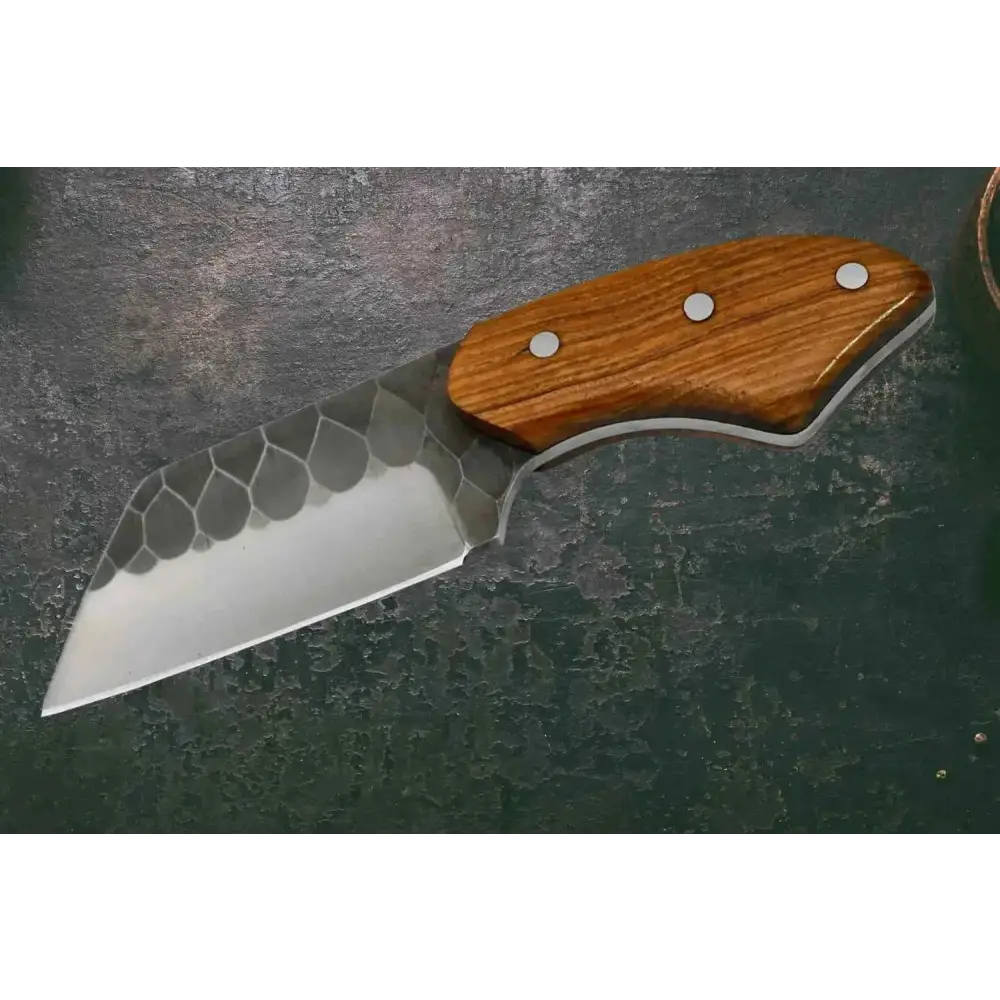 Handmade skinner knife with hammered stainless steel honeycomb blade and wood handle