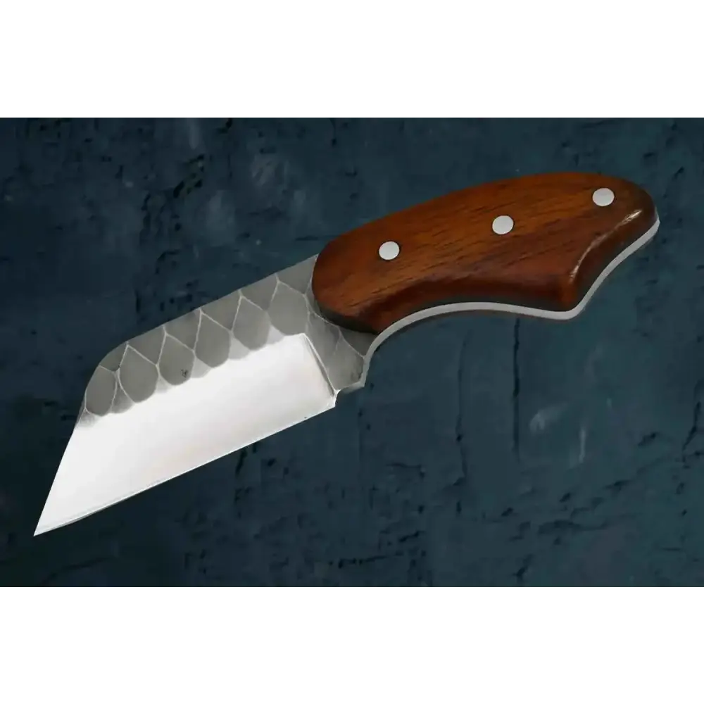 Handmade skinner knife with hammered stainless steel blade and wood handle