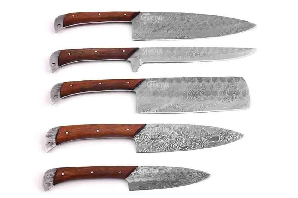 Set of Faneema Cutlery kitchen knives featuring high quality knives for cooking with wooden handles