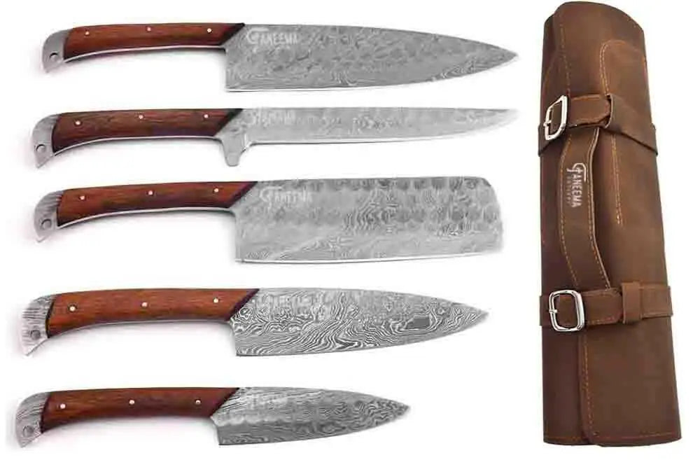 Faneema Cutlery kitchen knife set with wooden handles and leather roll pouch high quality knives for cooking