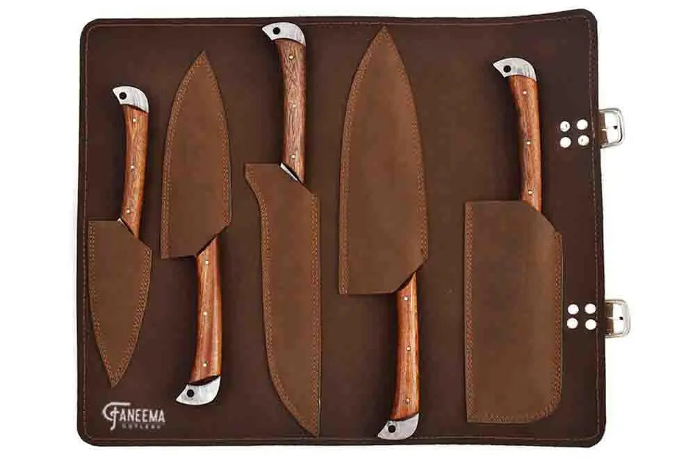 Faneema Cutlery kitchen knife set with wooden handles and leather case high quality knives for cooking