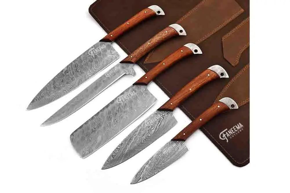 Faneema Cutlery kitchen knife set featuring high quality knives for cooking with wooden handles and protective leather sheath