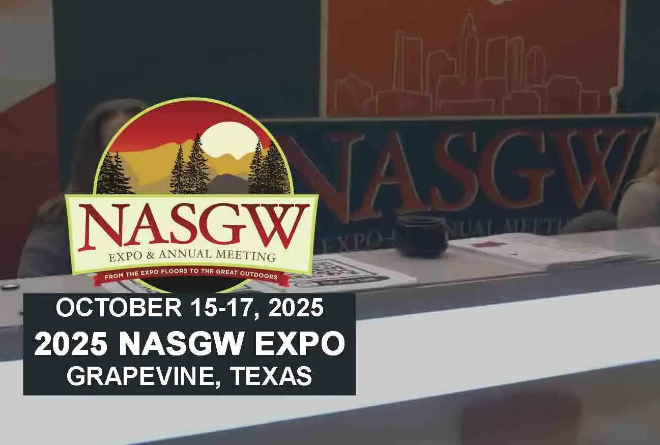 Nasgw expo & annual meeting logo featuring a circular emblem with silhouetted pine trees, mountains, and a setting sun against an orange sky.
