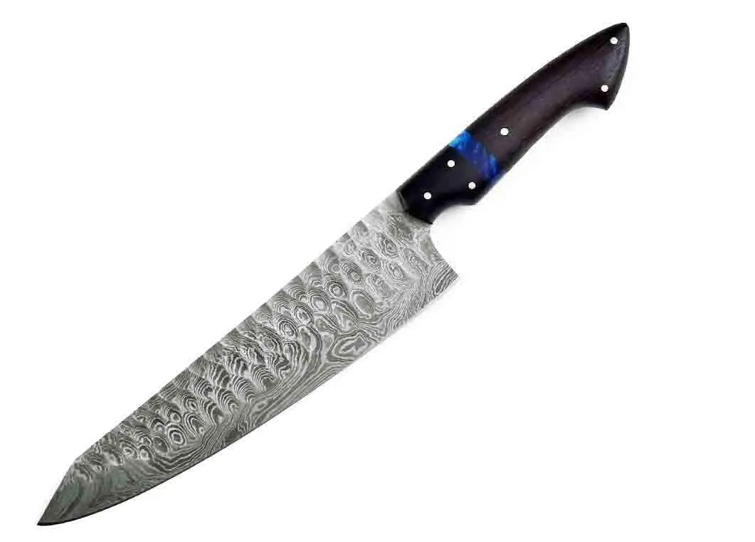 Faneema Cutlery premium chef knife set for home cooks featuring a patterned Damascus steel blade with ergonomic handle