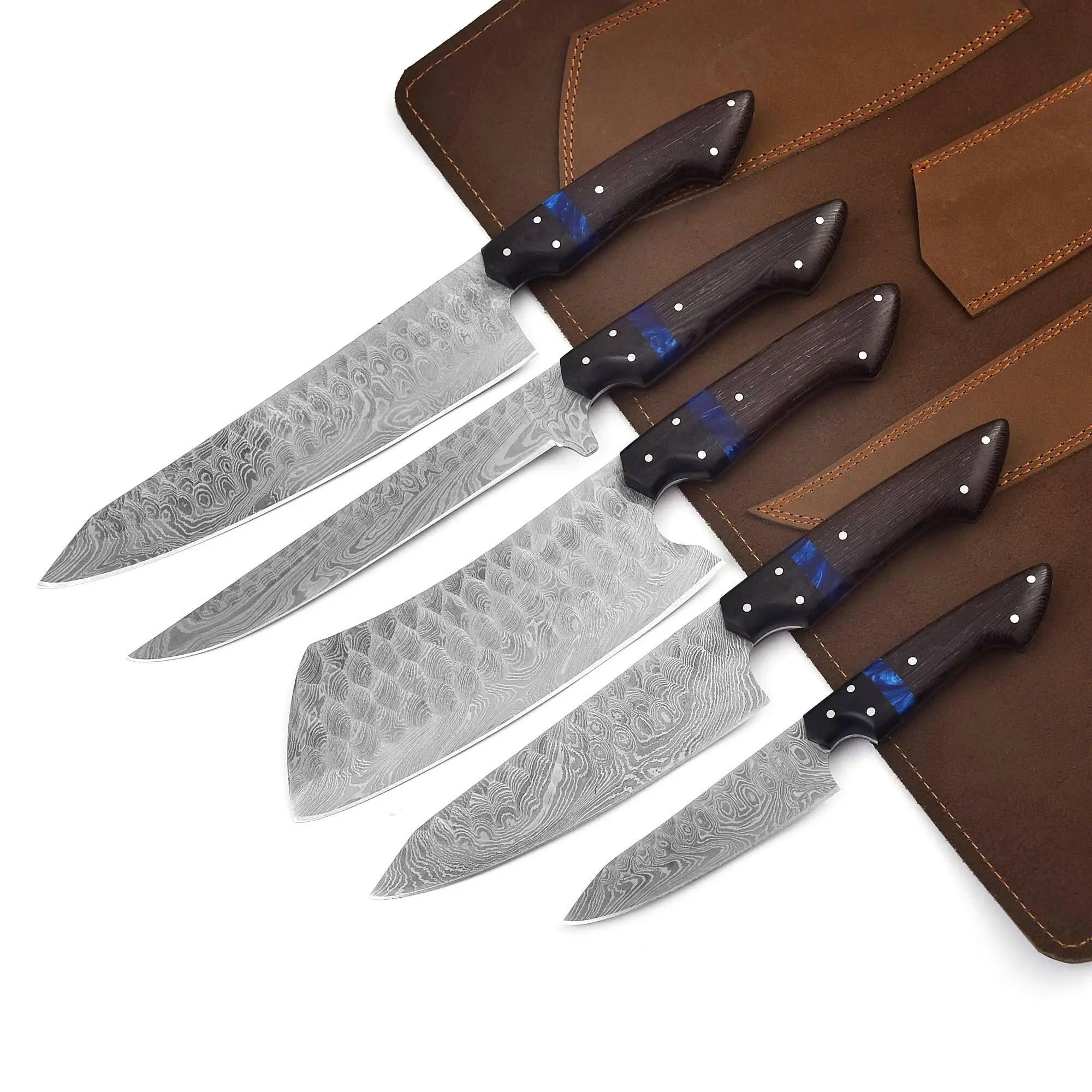 Faneema Cutlery premium chef knife set for home cooks with five Damascus steel blades and wooden handles