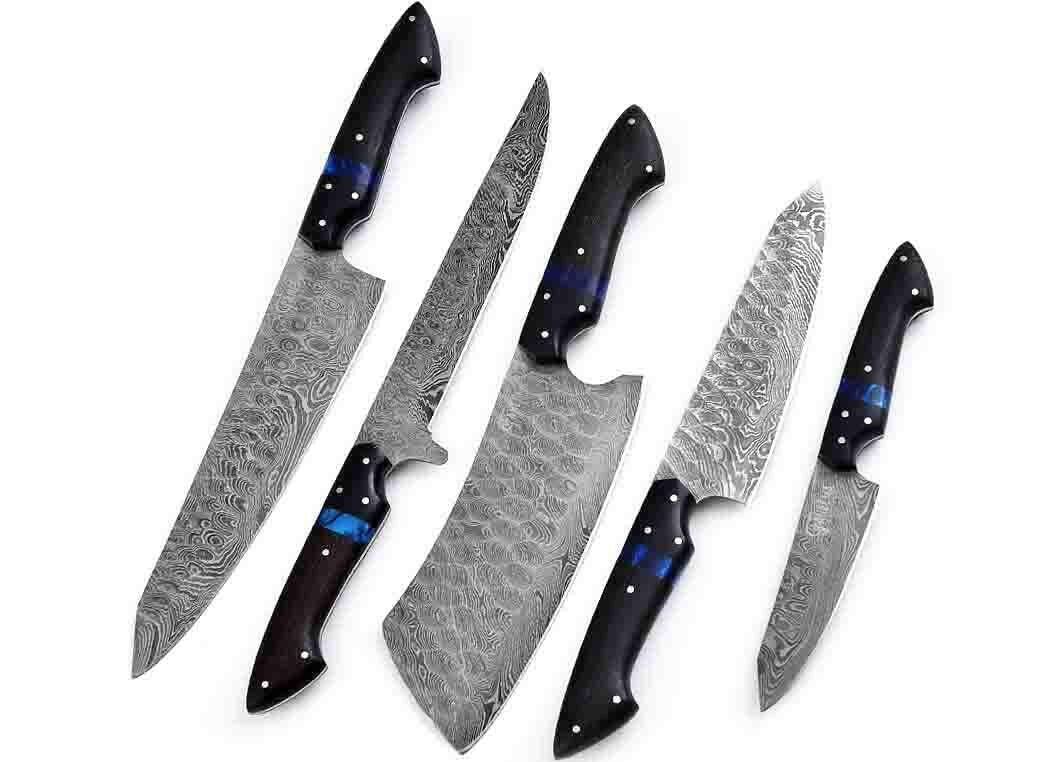 Faneema Cutlery premium chef knife set for home cooks with patterned steel blades and black handles