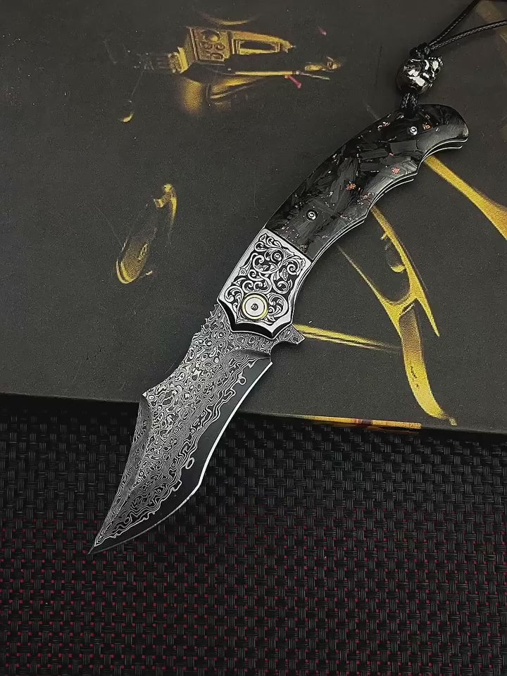 Ercole | Damascus Folding Knife | Carbon Fiber Handle.