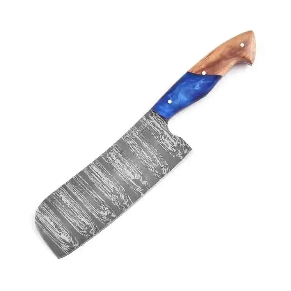 Sapphire handmade cleaver with blue Damascus steel and wooden grip
