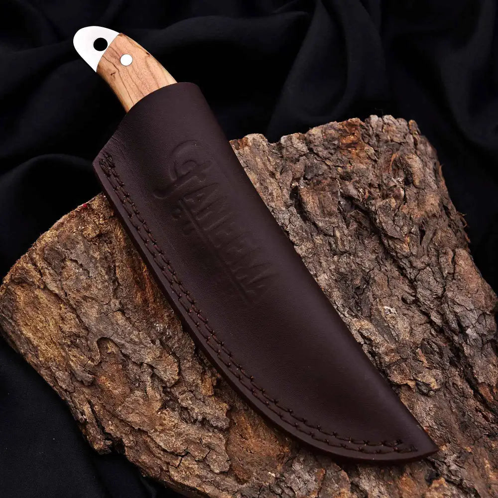 Silver Blade gut hook knife in brown leather sheath with wood handle