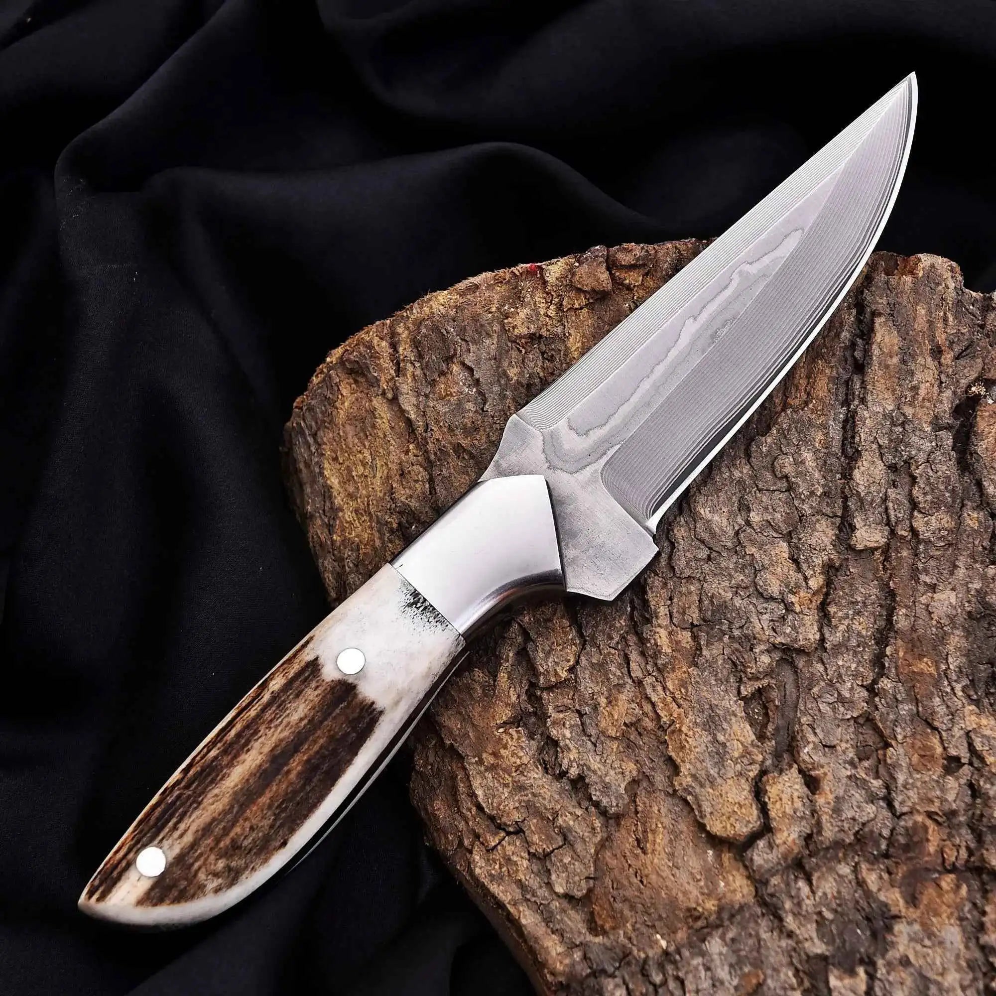 Heorot  | Outdoor Camping Knife | Clad Damascus Blade | Stag Handle
