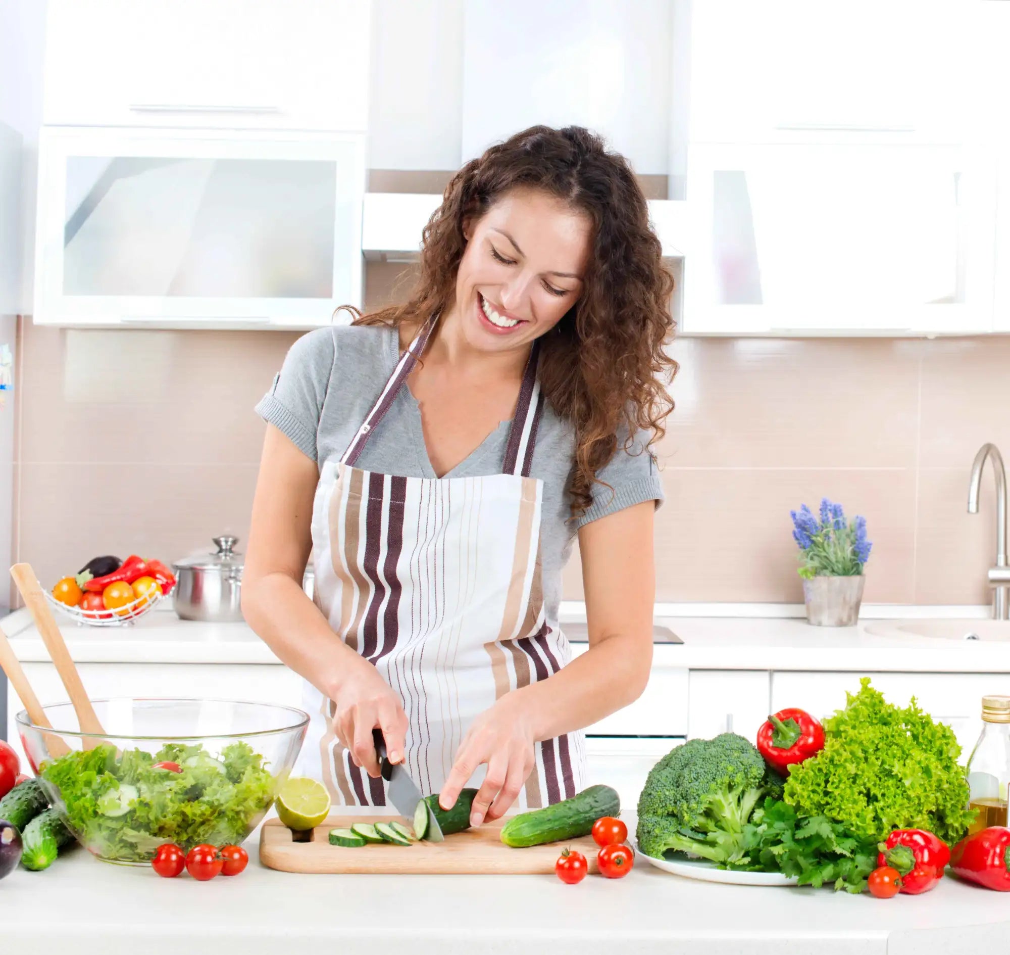 Striped apron with white, beige, and dark brown vertical stripes